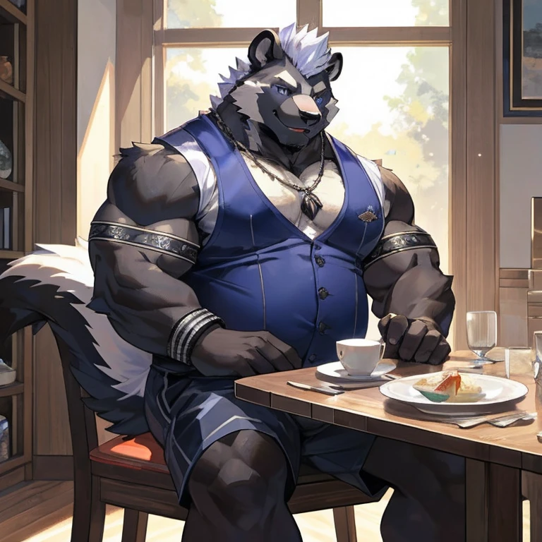 solo, anthro, furry, furry male, skunk,((short fur,furry, shaggy fur, opaque fur)), (skunk print), black pupils, white sclera, black body, black fur, black muzzle, black fur on face, indigo eye, big skunk tail, detailed  fur, detailed face, detailed eyes, (open indigo vest, indigo armband, tight Bermuda shorts), dining room, apartment, (by null-ghost,by raccoon21, masterpiece, high quality, hi-res, 8k, hd, dark), sitting, wooden chair, table, looking at viewer, day, gentle expression, musclegut skunk man, muscular, big belly, fat belly, obese belly, pillowy pectorals, soft pectorals, big pectorals, weight-lifter build, broad shoulders, black fur, indigo eyes, pink pawpads, mid 30s, relaxed, lazy, indigo smoke, Mohawk, no accessories, no necklaces