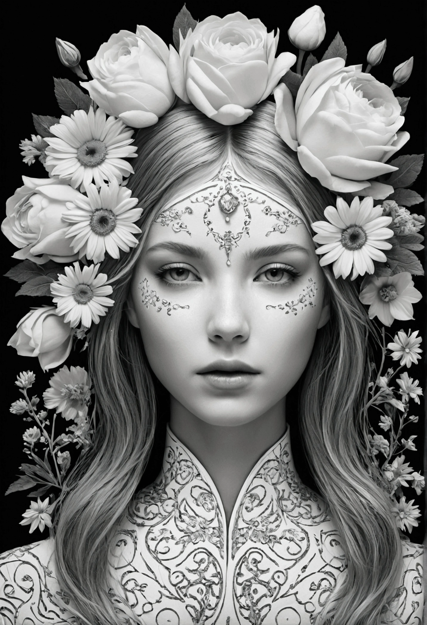 a white there are flowers in her head