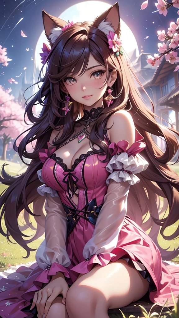 (best quality,4k,8k,highres,masterpiece:1.2),ultra-detailed,(realistic,photorealistic,photo-realistic:1.37),acrylic painting,beautiful Brazilian model in a ta dress with downy hair,beautiful Brazilian model with extremely colorful brown hair and detailed facial features,beautiful Brazilian model standing in a beautiful garden surrounded by a starry sky,brown hair,beautiful Brazilian model wearing a vibrant pink and teal Loliress,beautiful Brazilian model with intricate accessories,cat ears,beautiful Brazilian model posing gracefully with her hands on her hips,beautiful Brazilian model with long flowing twintails,beautiful Brazilian model with bright brown eyes and rosy lips,beautiful Brazilian model with a joyful expression,beautiful Brazilian model in a dynamic pose with cherry blossoms falling around her,beautiful Brazilian model surrounded by colorful flowers and butterflies,beautiful Brazilian model's dress adorned with cute bows and lace details,beautiful Brazilian model with an enchanting smile,beautiful Brazilian model with soft, pastel-colored shading,beautiful Brazilian model with a magical glow illuminating her,beautiful Brazilian model in a picturesque setting with a winding path leading to a magnificent castle,beautiful Brazilian model with a fairytale-like background,beautiful Brazilian model with a soft, dreamy atmosphere,beautiful Brazilian model with a subtle bokeh effect,beautiful Brazilian model standing under a sunny sky,beautiful Brazilian model with a warm, golden sunset in the background,beautiful Brazilian model surrounded by twinkling stars and colorful nebulae,creating an ethereal and captivating artistic masterpiece, sitting down.