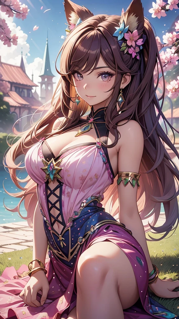 (best quality,4k,8k,highres,masterpiece:1.2),ultra-detailed,(realistic,photorealistic,photo-realistic:1.37),acrylic painting,beautiful Brazilian model in a ta dress with downy hair,beautiful Brazilian model with extremely colorful brown hair and detailed facial features,beautiful Brazilian model standing in a beautiful garden surrounded by a starry sky,brown hair,beautiful Brazilian model wearing a vibrant pink and teal Loliress,beautiful Brazilian model with intricate accessories,cat ears,beautiful Brazilian model posing gracefully with her hands on her hips,beautiful Brazilian model with long flowing twintails,beautiful Brazilian model with bright brown eyes and rosy lips,beautiful Brazilian model with a joyful expression,beautiful Brazilian model in a dynamic pose with cherry blossoms falling around her,beautiful Brazilian model surrounded by colorful flowers and butterflies,beautiful Brazilian model's dress adorned with cute bows and lace details,beautiful Brazilian model with an enchanting smile,beautiful Brazilian model with soft, pastel-colored shading,beautiful Brazilian model with a magical glow illuminating her,beautiful Brazilian model in a picturesque setting with a winding path leading to a magnificent castle,beautiful Brazilian model with a fairytale-like background,beautiful Brazilian model with a soft, dreamy atmosphere,beautiful Brazilian model with a subtle bokeh effect,beautiful Brazilian model standing under a sunny sky,beautiful Brazilian model with a warm, golden sunset in the background,beautiful Brazilian model surrounded by twinkling stars and colorful nebulae,creating an ethereal and captivating artistic masterpiece, sitting down.