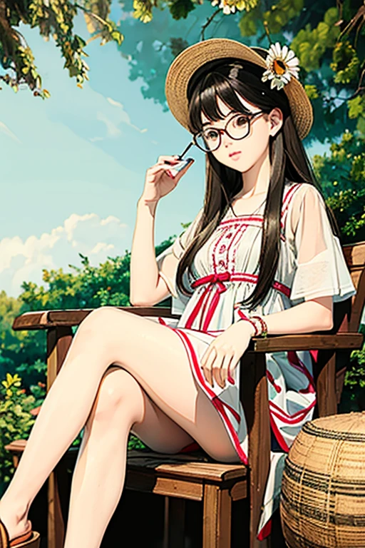 Highest quality、masterpiece、High sensitivity、High resolution、Detailed Description、Slender women、Glasses、Summer clothes、Sit down、Cross your legs、