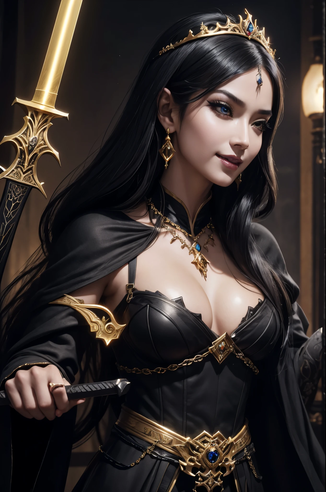 8k,とてもSmall breasts,Long black hair,Close-up of a woman in a black evil god costume holding a one-handed sword, Beautiful fantasy empress, ((Beautiful fantasy empress)), Small breasts , Very detailed, Very detailed , Up to the model | Types of bacteria, Trending on cgstation, Pan Zhenwei Art Station, Gorgeous black cloak,Ultra-high resolution,Ultra-Realistic Skin,Beautiful expression,Fantasy art,Laughter(Like the real thing),非常にSmall breasts ,Straight hair,Golden Eyes,black gemstone earrings,black gemstone necklace,Luxurious black gauntlets,Black lipstick,Black eyeshadow,Evil God Makeup,Dynamic fighting pose,Rich colors, Backlight, Cinema Lighting, Film Grain, to be born, 50mm lens, Nikon D850,Compensate,View your audience,Toned, muscular lower body,Muscular Beauty,compensate,Big smile,