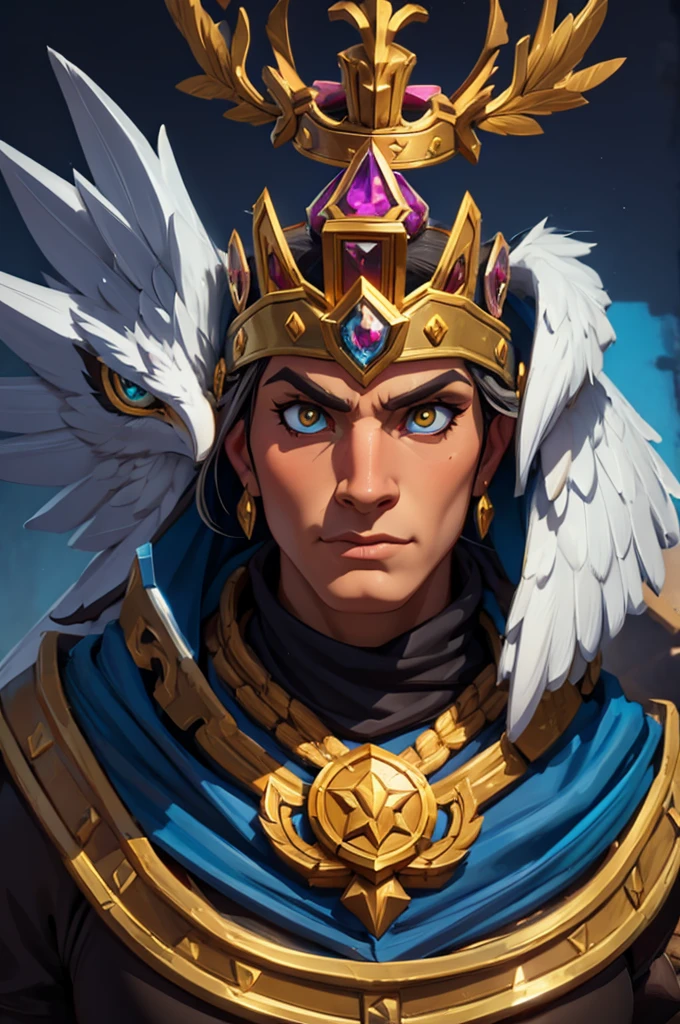 Game medallion with metal eagle head close-up with crown,Close-up of the eagle's head,hearthstone art style, Hearthstone style art, hearthstone concept art, Riot game concept art, style of league of legends, iconic character splash art, League of Legends crown,Game badge,Surrounding metal feathers,Gray gold,C4D Rendering,Less detail,less detailing,Huge metal eagle head in the middle,The head has gorgeous gemstones
