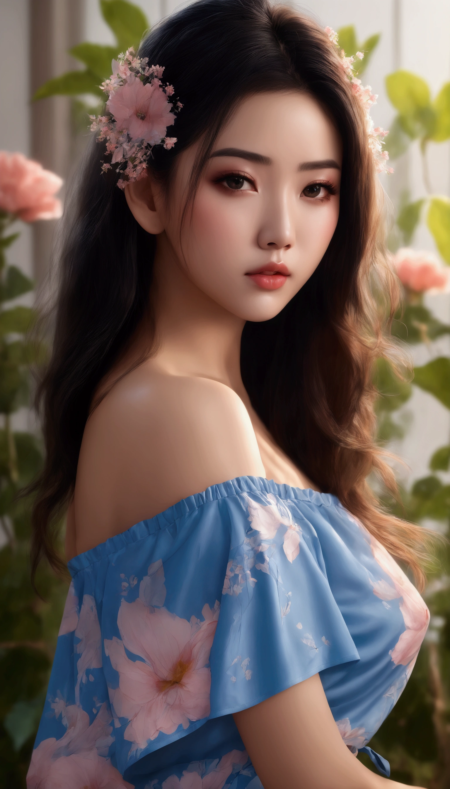 A beautiful asian women, mix4, sexy silk floral blue off shoulder top, shorts,lips, realistic, photo_\(medium\), solo, (masterpiece),(photorealistic:1.3), ultra-detailed, (high detailed skin:1.2),(best quality:1.0), (ultra highres:1.0), (ulzzang-6500:0.3), wavy detailed hair, long hair, sunshine, big breast(beautiful detailed makeup), (sexually aroused blushing heavy breathing:1.0), floral theme flower petals scattered, (soft glow bloom:0.5) painted wall