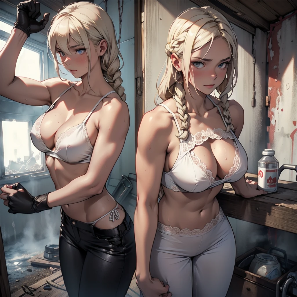 russian firefighter girl in a burning house .she is sweating of the heat. very sensual looking. with see-trough breast.perfect slim and shine and firm body. wearing a very sensual white lace bikini tiny with tiny top and a very tiny low cut pants . huge firm bust small bottom, long braided hair,