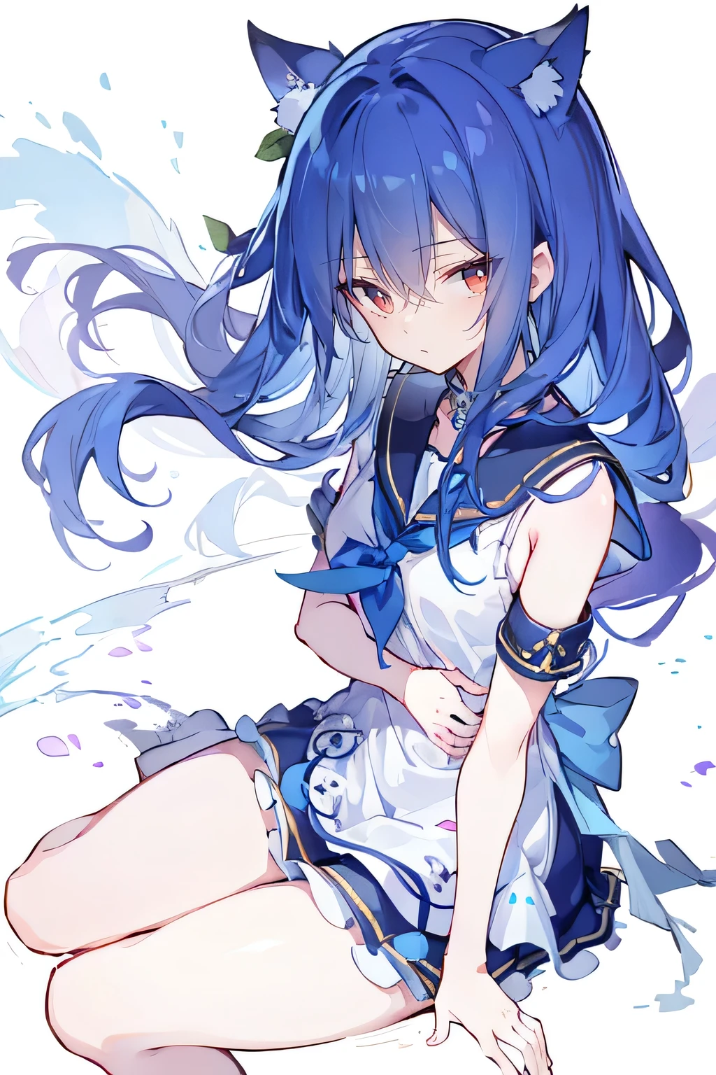 (masterpiece:1.2),ultra-detailed,realistic,expressive eyes,fair-skinned,perfectly shaped face,1girl,
Japanese cartoons,Gorgeous blue hair, flowing blue hair,floating clothes,cat ears,petals falling,beautiful Lola,Hina Angel,
hands on waist,gracefully sitting on the ground,legs crossed,gentle and serene，A faint smile，Black and white sailor school uniform，cropped shoulder，Super good figure，Colored hairpins，Put your hands on your chest