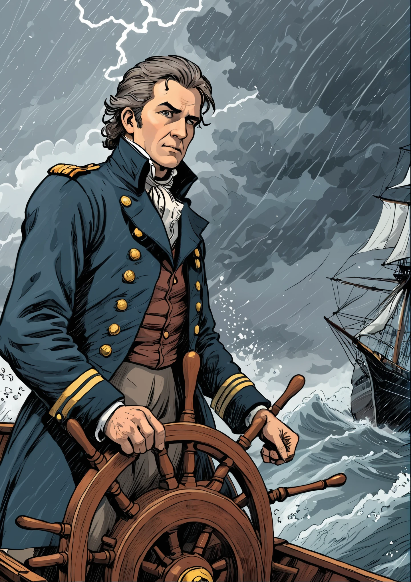 graphic novel flat colors style, cropped detail, fine intricate lineart, hatched shadows, (a captain of an 1800's ship ), holds the wheel of a ship in the midst of a storm, movement.
