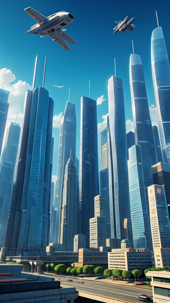 Futuristic city view with tall buildings and flying vehicles.