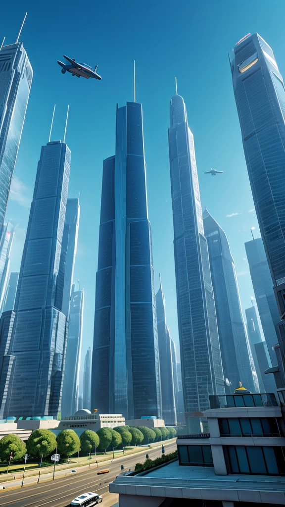 Futuristic city view with tall buildings and flying vehicles.