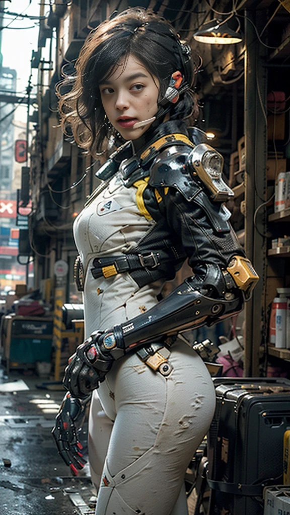 ((best quality)), ((masterpiece)), ((realistic)), (detailed), (photo-realistic:1.5), futuristic girl, (thick body), (white bodysuit), lights on armor, cybernetic headset, looking at viewer, dynamic pose, post-apocalyptic, destroyed city background, buildings on fire, sci-fi, high resolution, ray tracing, super resolution, subsurface scattering, PBR texturing, anisotropic filtering, depth of field, best sharpness and clarity, rule of thirds, 8K RAW, (luminous particles:1.4), (extremely detailed cg, unity 8k wallpaper, 3d, cinematic lighting, lens flare), reflection, sharp focus, cyberpunk art, cyberpunk architecture, moisturized skin, realistic body, (16 years old), (girl), (cute face), vivid colors, exciting atmosphere, unique, playful interaction, lively crowd, wind blowing, fantastic, dynamic, (fisheye lens), neon, cyberpunk movie, cyberpunk city, fight, war,
