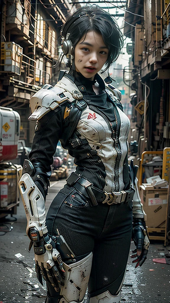 ((best quality)), ((masterpiece)), ((realistic)), (detailed), (photo-realistic:1.5), futuristic girl, (thick body), (white bodysuit), lights on armor, cybernetic headset, looking at viewer, dynamic pose, post-apocalyptic, destroyed city background, buildings on fire, sci-fi, high resolution, ray tracing, super resolution, subsurface scattering, PBR texturing, anisotropic filtering, depth of field, best sharpness and clarity, rule of thirds, 8K RAW, (luminous particles:1.4), (extremely detailed cg, unity 8k wallpaper, 3d, cinematic lighting, lens flare), reflection, sharp focus, cyberpunk art, cyberpunk architecture, moisturized skin, realistic body, (16 years old), (girl), (cute face), vivid colors, exciting atmosphere, unique, playful interaction, lively crowd, wind blowing, fantastic, dynamic, (fisheye lens), neon, cyberpunk movie, cyberpunk city, fight, war,