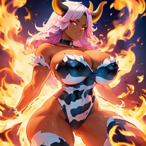 8k_Wallpaper, extremely take off eyes, extremely take off body, (large masterpiece digital art), (take off manga illustration), (take off line art), ((perfect anatomy)), (intricate decorations:1.3), (ultra-take off:1.3), (illustration:1.3), (sharp focus:1.3), (natural lighting:1.05), (vivid colors:1.3), (masterpiece), (Best Quality:1.4), (perfect anatomy:1.4), high quality, expressive eyes, whole body, tall girl, take off face, beautiful face, perfect face, take off ((for white)), (black fur), (pink eyes), {{Dark skin}}, ({Dark skinned female}), cow girl, giant breasts, thick thighs, very long hair, bare shoulders, Denim, (blue mono), mono, dynamic lighting, cow print, High resolution, 4k resolution, dynamic pose, silver jewelry, {fantasy farm background}, choker, (cow ears), {{cow tail}}, (cola), ((striped hair)), Wide hips, thighs, horns, {cow horns}, animal ears, skin denture, curves, chubby, infernal flames,