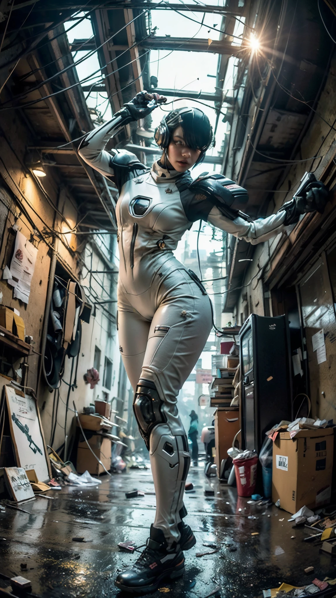 ((best quality)), ((masterpiece)), ((realistic)), (detailed), (photo-realistic:1.5), futuristic girl, (thick body), (white bodysuit), lights on armor, cybernetic headset, looking at viewer, dynamic pose, post-apocalyptic, destroyed city background, buildings on fire, sci-fi, high resolution, ray tracing, super resolution, subsurface scattering, PBR texturing, anisotropic filtering, depth of field, best sharpness and clarity, rule of thirds, 8K RAW, (luminous particles:1.4), (extremely detailed cg, unity 8k wallpaper, 3d, cinematic lighting, lens flare), reflection, sharp focus, cyberpunk art, cyberpunk architecture, moisturized skin, realistic body, (16 years old), (girl), (cute face), vivid colors, exciting atmosphere, unique, playful interaction, lively crowd, wind blowing, fantastic, dynamic, (fisheye lens), neon, cyberpunk movie, cyberpunk city, fight, war,