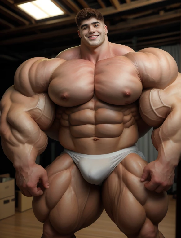 1boy, giant, alone, giant bodybuilder, illuminating light, strong body, bulk, large size, smile, standing in whiet photo studio, indoor, nude, white triangular underwear, thick bulge, scratch his bulge, extraordinary big, brutalmass, giant muscular body, bulk, buff, massive body, large meaty body size, extremely wide body