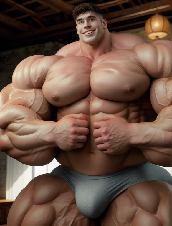 1boy, giant, alone, giant bodybuilder, illuminating light, strong body, bulk, large size, smile, standing in whiet photo studio, indoor, nude, white triangular underwear, thick bulge, scratch his bulge, extraordinary big, brutalmass, giant muscular body, bulk, buff, massive body, large meaty body size, extremely wide body
