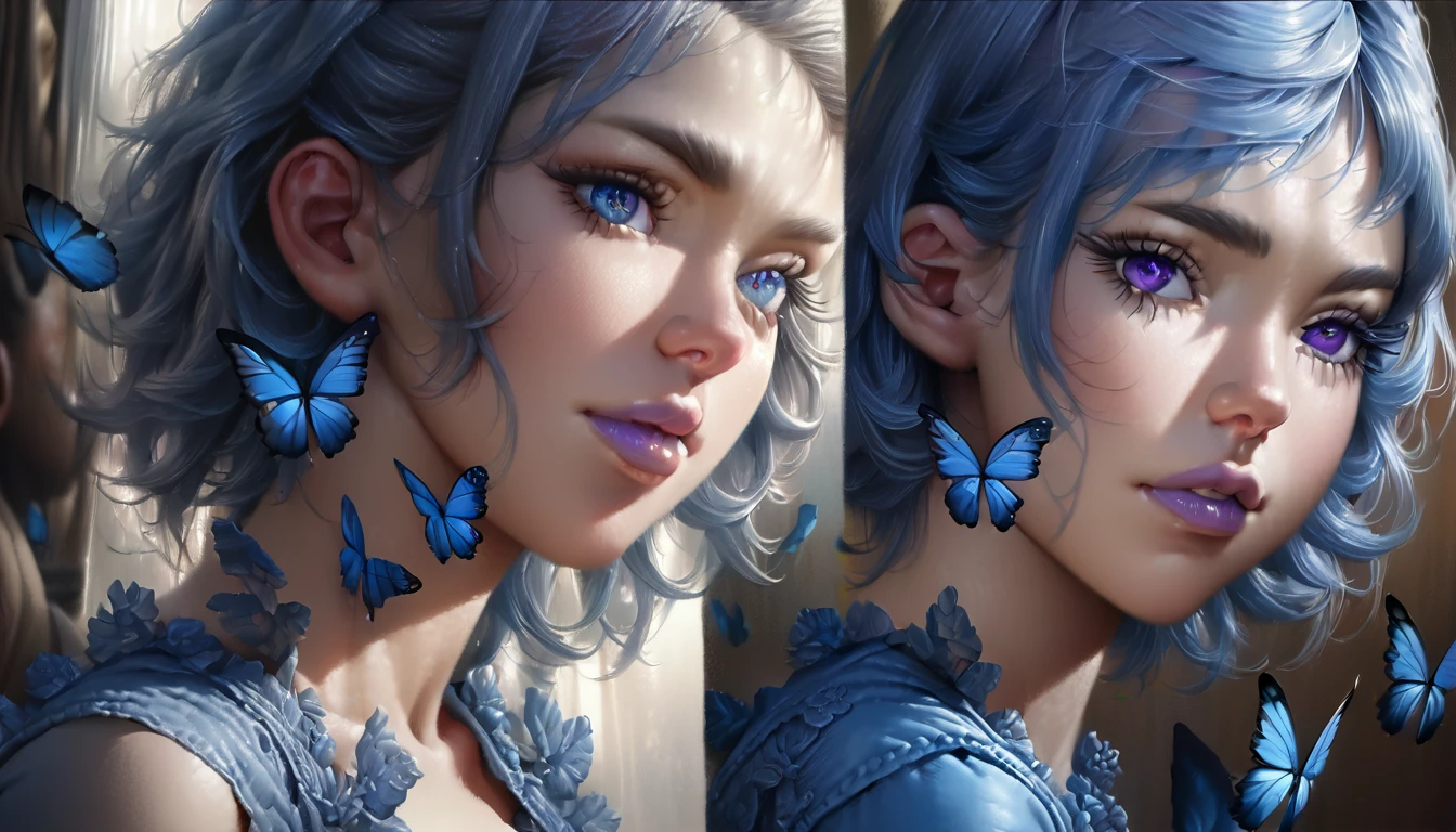 1girl, short blue hair, tight white and blue dress with blue butterflies, purple eyes, large breasts and butt, looking forward while facing backwards, detailed face, beautiful detailed eyes, beautiful detailed lips, extremely detailed eyes and face, long eyelashes, (best quality,4k,8k,highres,masterpiece:1.2),ultra-detailed,(realistic,photorealistic,photo-realistic:1.37),portrait,high fashion,vibrant colors,dramatic lighting,cinematic