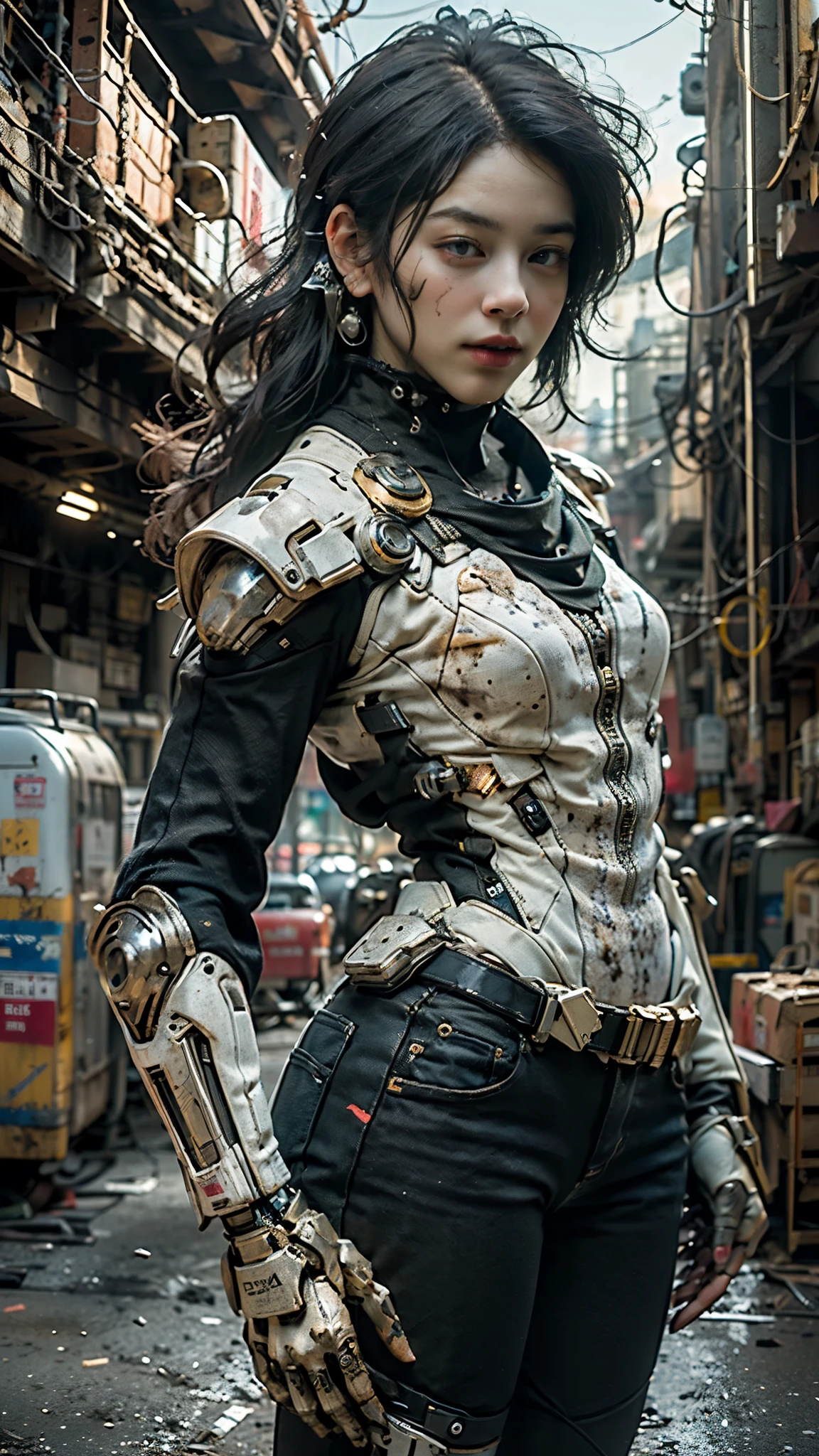 ((best quality)), ((masterpiece)), ((realistic)), (detailed), (photo-realistic:1.5), futuristic girl, (thick body), (white bodysuit), lights on armor, cybernetic headset, looking at viewer, dynamic pose, post-apocalyptic, destroyed city background, buildings on fire, sci-fi, high resolution, ray tracing, super resolution, subsurface scattering, PBR texturing, anisotropic filtering, depth of field, best sharpness and clarity, rule of thirds, 8K RAW, (luminous particles:1.4), (extremely detailed cg, unity 8k wallpaper, 3d, cinematic lighting, lens flare), reflection, sharp focus, cyberpunk art, cyberpunk architecture, moisturized skin, realistic body, (), (girl), (cute face), vivid colors, exciting atmosphere, unique, playful interaction, lively crowd, wind blowing, fantastic, dynamic, (fisheye lens), neon, cyberpunk movie, cyberpunk city, fight, war,