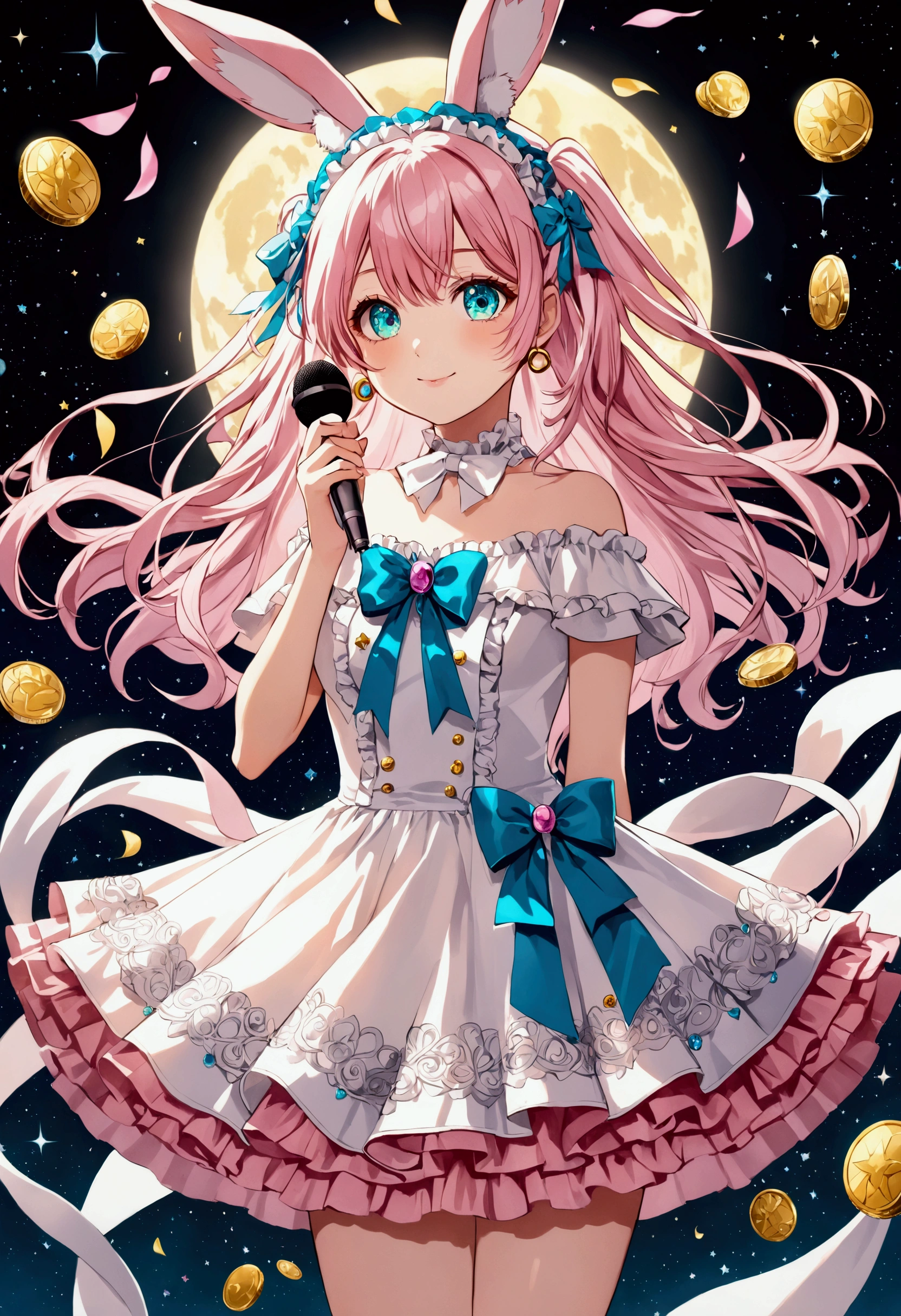 {{masterpiece, high quality, illustration ,intricate ultra detailed}}, {{{acrylic paint (medium),sharp focus,filigree,glaze,shine,glitter,lens flare,backlighting}}}},frontlighting, motion lines, motion blur, beautiful detailed eyes, 1girl, , {{ lolita fashion}}, too many ribbons, pink ribbon,aqua ribbon, white ribbon,back ribbon, {{floating ribbon, long ribbon}}, blue ribbon, strings off shoulder,white clothes, pink socks,frill,layered skirt,pink short boots, light pink hair,aqua hair,silver hair, {{wavy hair}},{{two side up}}, light pink rabbit ears, light pink fox tail, aqua eyes,white pupils, twinkle eyes, symbol in eyes, {{heart ornaments}},{{{hyper voice}}},circle effect,sound effect,Microphone, holding microphone, spotlight, round wave, singing,{{{money, coins}}},dynamic angle,heart light,{{{psychokinesis, magical shine}}},jumping,rainbow reflection light,shiny hair,shining circle,smile, full moon, face focus,{{bow on ear}} ,dynamic angle,dynamic pose, grasping knee, crystal background,