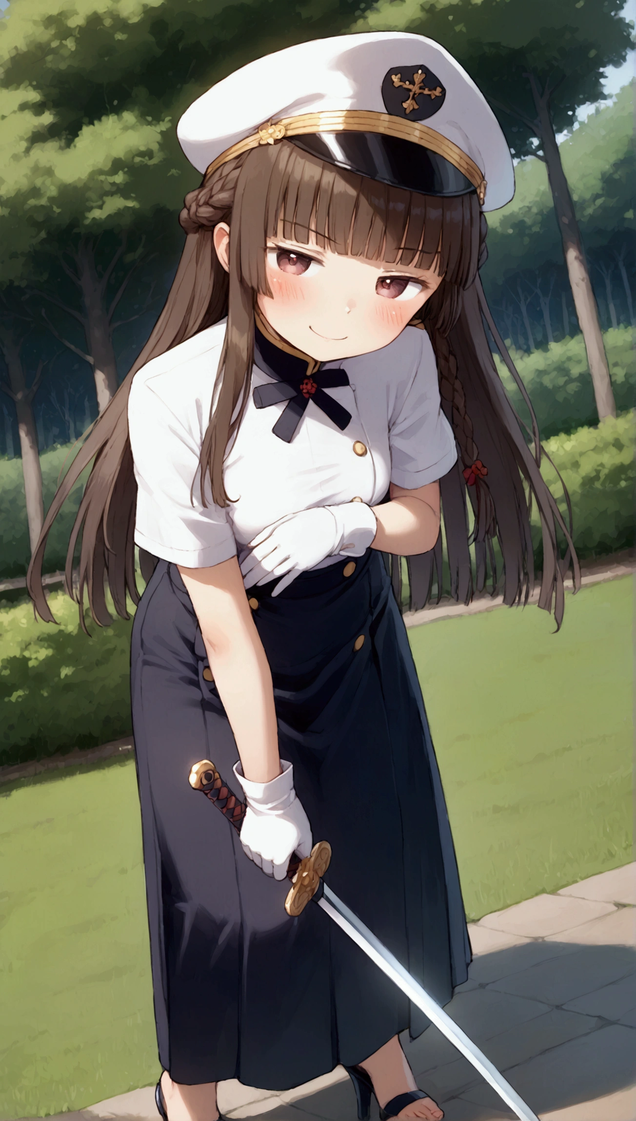 {Highest quality}, {Super beautiful},{Ultra fine},{Best illustration},Brown Hair,Hime cut,long hair,Braid,One woman,Standing Woman,Strike a pose,smug face,Uniform cap,White Shirt,Short sleeve,Long black skirt,White gloves,at the park,Blushing,Slender,Black stiletto heels,barefoot,From an angle,from the front,Holding a Japanese sword,pull out,Point the sword