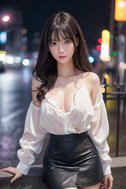 cyber punk, highest quality, masterpiece, shape, Realistic, photo-Realistic, wonderful, finely, Very detailed, High resolution, Very detailed, unity 8k wallpaper, Full body shot of a beautiful young woman with Korean-style features resembling a popular actress, Button-up shirt, mini Pleated Skirt ニーハイソックス, (Very small breasts), thin, She has pink and bluish eyeshadow, bangs, Black Hair, Long Hair, head, look up, night, On the streets of Shibuya, Squat down and look here, Narrow eyes, 細長い目のshape, Three white eyes, Wicked Smile, Very slender and beautiful legs, Beautiful and thin thighs, Earrings, Estrus