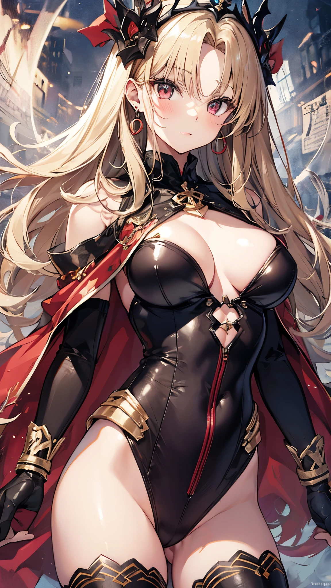 ereshkigal,1girl, blonde hair, red eyes, two side up, red ribbon, tiara, earrings,(black leotard),cameltoe, gold trim, red cape, collar, single thighhigh, asymmetrical legwear,masterpiece,Noise Reduction,perfect anatomy,high resolution, ultra-detailed, ultra-detailed face,game cg,dutch angle ,beautiful detailed eyes,visualart,five fingers, perfect hands, perfect lighting, sparkling pupils,
beautiful girl,