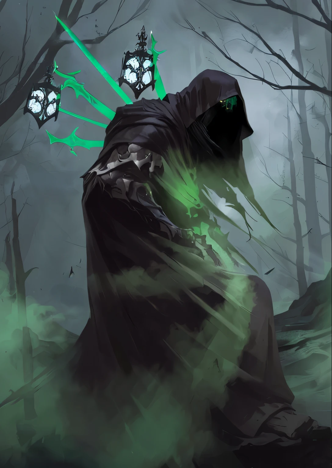 "A dark, biblical-style illustration of a hunchbacked reaper resembling a Nazgûl from The Lord of the Rings, with a hood and black, ripped robes, and green swords and spears nailed into his back, surrounded by an eerie green light, depicted in the ominous, intricate style of Gustave Doré --ar 1:1"