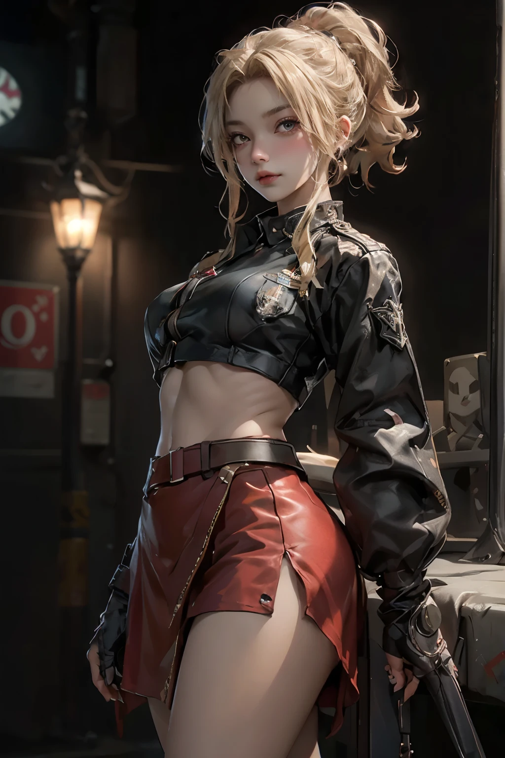 ((best quality)), ((Masterpiece)), (details:1.4), 3d, Image of a beautiful cyberpunk woman., HDR (high dynamic range), mature woman, เหมือนจริง, High ponytails, Blonde hair, Red eyes, future police, PBR surface, After processing, Anisotropic filtration,depth of field, Maximum clarity and clarity, multi-layered surface, perfect proportions, 8K raw files, cyberpunk, at night, ผมหลายชั้น, red short skirt, natural lighting, soft lighting, sunlight, หน้าอกใหญ่, a woman wearing a black gothic style military uniform, black military hat with gold details, iron cross symbol on the military hat,