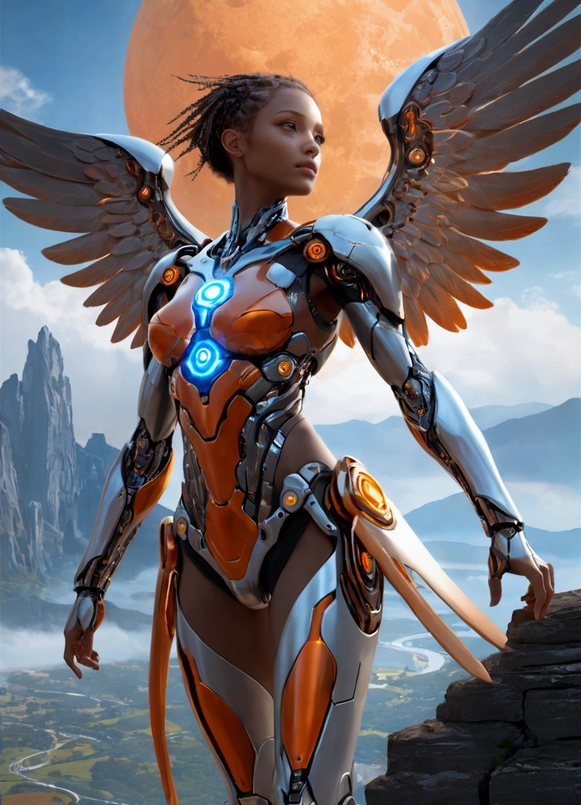 Concept Art、Science Fiction、((Inspired by imeon Solomon )), Cyborg Angel、eden, Sky mountain view, Orange cloud. 8k、High Detail、masterpiece、