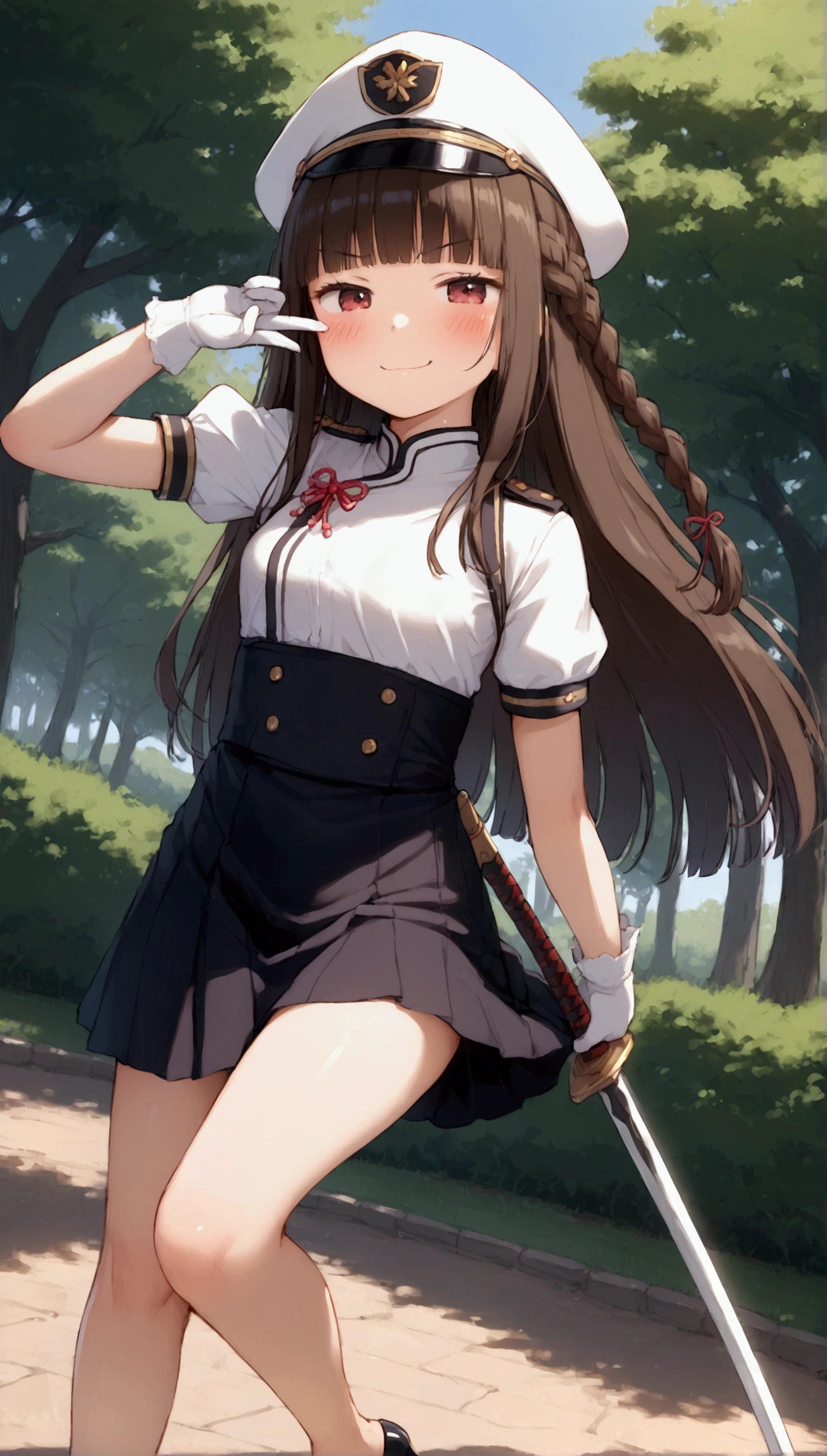 {Highest quality}, {Super beautiful},{Ultra fine},{Best illustration},Brown Hair,Hime cut,long hair,Braid,One woman,Standing Woman,Strike a pose,smug face,Uniform cap,White Shirt,Short sleeve,Long black skirt,White gloves,at the park,Blushing,Slender,Black stiletto heels,barefoot,From an angle,from the front,Holding a Japanese sword,pull out,Point the sword