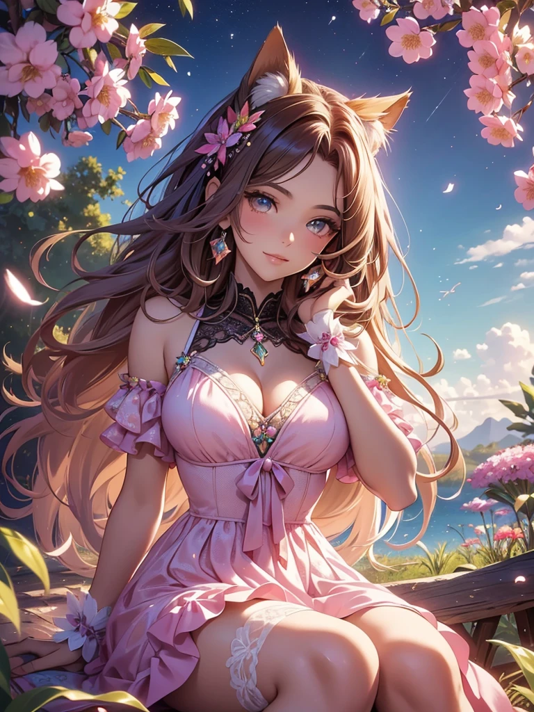 (best quality,4k,8k,highres,masterpiece:1.2),ultra-detailed,(realistic,photorealistic,photo-realistic:1.37),acrylic painting,beautiful Brazilian model in a ta dress with downy hair,beautiful Brazilian model with extremely colorful brown hair and detailed facial features,beautiful Brazilian model standing in a beautiful garden surrounded by a starry sky,brown hair,beautiful Brazilian model wearing a vibrant pink and teal Loliress,beautiful Brazilian model with intricate accessories,cat ears,beautiful Brazilian model posing gracefully with her hands on her hips,beautiful Brazilian model with long flowing twintails,beautiful Brazilian model with bright brown eyes and rosy lips,beautiful Brazilian model with a joyful expression,beautiful Brazilian model in a dynamic pose with cherry blossoms falling around her,beautiful Brazilian model surrounded by colorful flowers and butterflies,beautiful Brazilian model's dress adorned with cute bows and lace details,beautiful Brazilian model with an enchanting smile,beautiful Brazilian model with soft, pastel-colored shading,beautiful Brazilian model with a magical glow illuminating her,beautiful Brazilian model in a picturesque setting with a winding path leading to a magnificent castle,beautiful Brazilian model with a fairytale-like background,beautiful Brazilian model with a soft, dreamy atmosphere,beautiful Brazilian model with a subtle bokeh effect,beautiful Brazilian model standing under a sunny sky,beautiful Brazilian model with a warm, golden sunset in the background,beautiful Brazilian model surrounded by twinkling stars and colorful nebulae,creating an ethereal and captivating artistic masterpiece, sitting down. 
