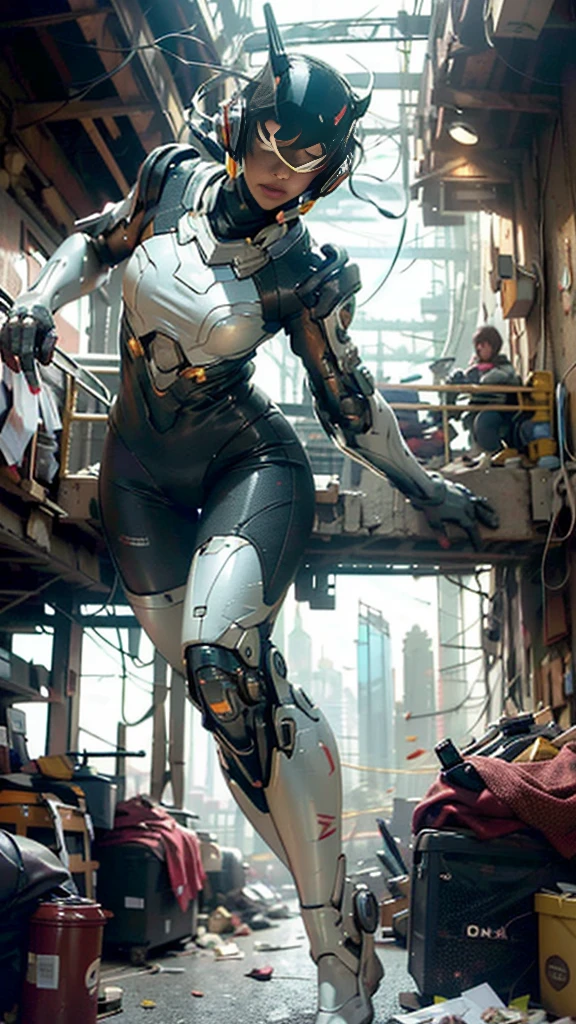 ((best quality)), ((masterpiece)), ((realistic)), (detailed), (photo-realistic:1.5), futuristic girl, (thick body), (white bodysuit), lights on armor, cybernetic headset, looking at viewer, dynamic pose, post-apocalyptic, destroyed city background, buildings on fire, sci-fi, high resolution, ray tracing, super resolution, subsurface scattering, PBR texturing, anisotropic filtering, depth of field, best sharpness and clarity, rule of thirds, 8K RAW, (luminous particles:1.4), (extremely detailed cg, unity 8k wallpaper, 3d, cinematic lighting, lens flare), reflection, sharp focus, cyberpunk art, cyberpunk architecture, moisturized skin, realistic body, (16 years old), (girl), (cute face), vivid colors, exciting atmosphere, unique, playful interaction, lively crowd, wind blowing, fantastic, dynamic, (fisheye lens), neon, cyberpunk movie, cyberpunk city, fight, war,