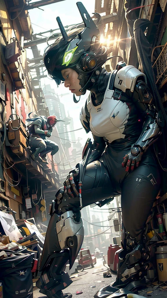 ((best quality)), ((masterpiece)), ((realistic)), (detailed), (photo-realistic:1.5), futuristic girl, (thick body), (white bodysuit), lights on armor, cybernetic headset, looking at viewer, dynamic pose, post-apocalyptic, destroyed city background, buildings on fire, sci-fi, high resolution, ray tracing, super resolution, subsurface scattering, PBR texturing, anisotropic filtering, depth of field, best sharpness and clarity, rule of thirds, 8K RAW, (luminous particles:1.4), (extremely detailed cg, unity 8k wallpaper, 3d, cinematic lighting, lens flare), reflection, sharp focus, cyberpunk art, cyberpunk architecture, moisturized skin, realistic body, (16 years old), (girl), (cute face), vivid colors, exciting atmosphere, unique, playful interaction, lively crowd, wind blowing, fantastic, dynamic, (fisheye lens), neon, cyberpunk movie, cyberpunk city, fight, war,