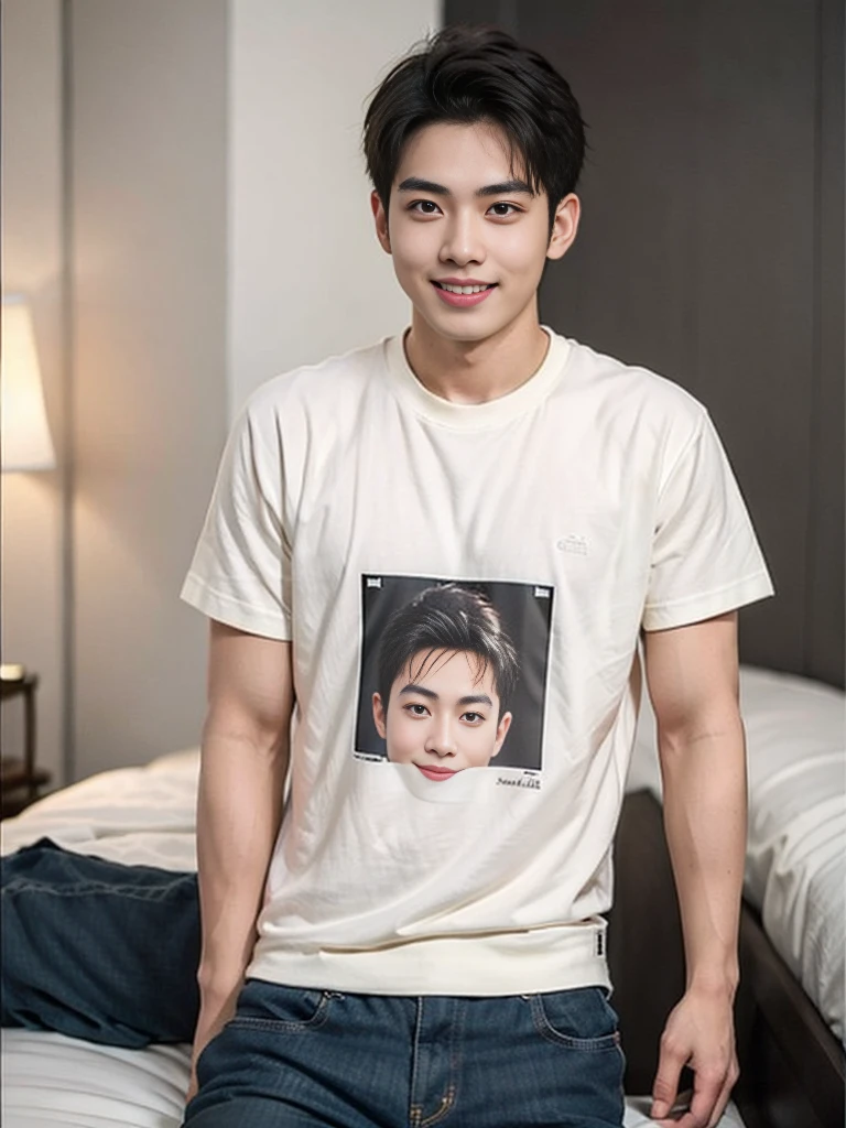 A young Asian man stands, handsome, detailed smile, muscular, looking at the camera. Wearing T-shirt., In a hotel room
