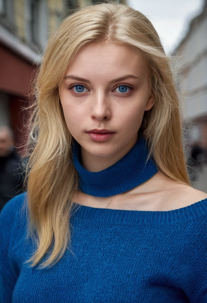 Extremely realistic blonde Russian girl with blonde hair and blue eyes, wearing a blue jumper, entire body, looking at the camera beautiful succubus, grey eyes, ((derevschikova)), beautiful alluring , perfect nose, ultra beautiful, with her long, perfect beautiful, realistic , epic beautiful, 8k, fuji xt3, not cropped, premium wide open city ” nackt, keine Kleidung