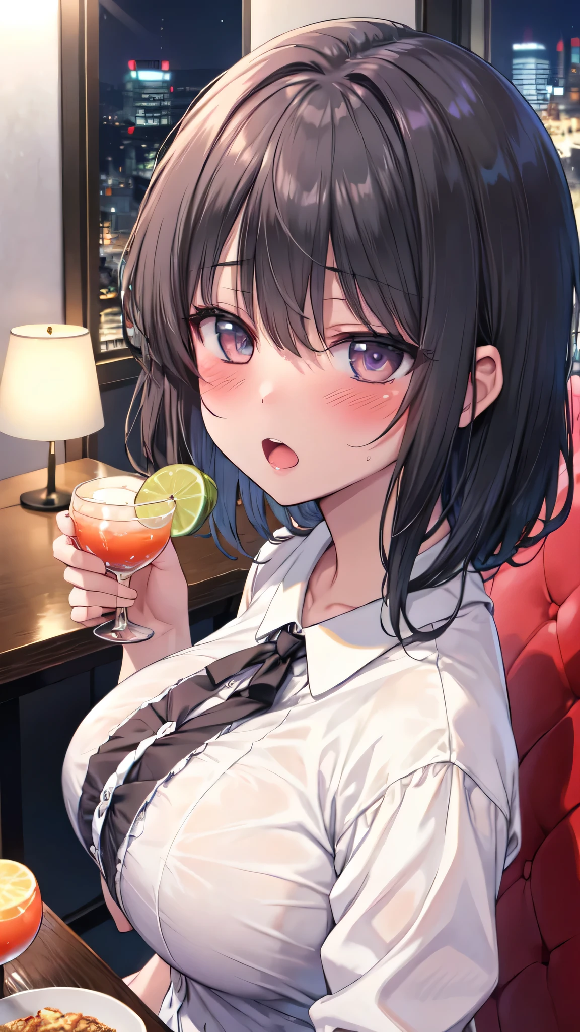 (Ultra-high resolution of the highest quality, masutepiece, Best Quality, 8K, Super Detail, Best Quality:1.3), (Anatomically correct:1.3), (1 Girl), (large breasts), (looks like high school student:1.6), (blush face:1.6), (short black hair), hair over eyes, (drooping eyes:1.3), (white blouse:1.5), (dead drunk:1.8), (beautiful hair, beautiful eyes, beautiful face:1.2), (dead drunk face focus, ear focus, clavicle focus, large breasts focus:1.2), sitting sofa, (from side), (from above), (girl's own room, night city view:1.3), open mouth, steam, upper body shot, (Drinking Cocktail:1.3)