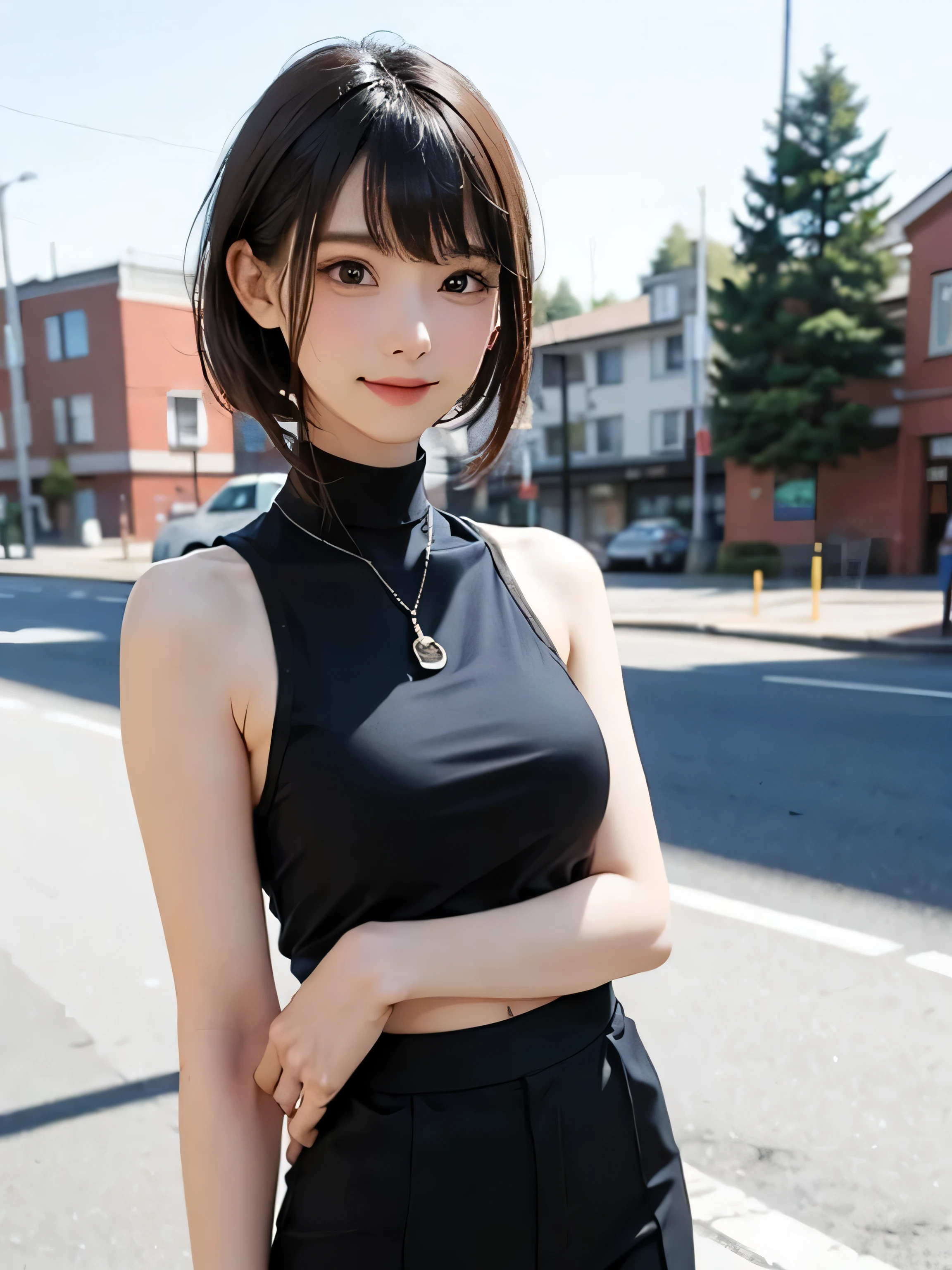 (masterpiece, Highest quality),1 girl, alone, hyper reality, reality的,reality, Looking at the audience, Light brown eyes:1.4,Brunette Short Bob Hair with highly detailed shiny hair, Brightly colored winter clothes, Lepangas:1.4), Outdoor, Mouth closed, Upper Body、Big Breasts eye、eyelash、{Huge|Big Breasts|Hugeな|Mega} Overall small breasts:2, Cleavage:2、(((Big Breasts eye、Short Bob Hair、Highlights from Students、View your viewers、She is very beautiful and cute、Show me your ears、Long neck、smile、Close your mouth and smile、Beautiful teeth in bangs)))、Ideal body type、(Snowy tree-lined road in Norway in winter)、美しいLong neck:1.4、