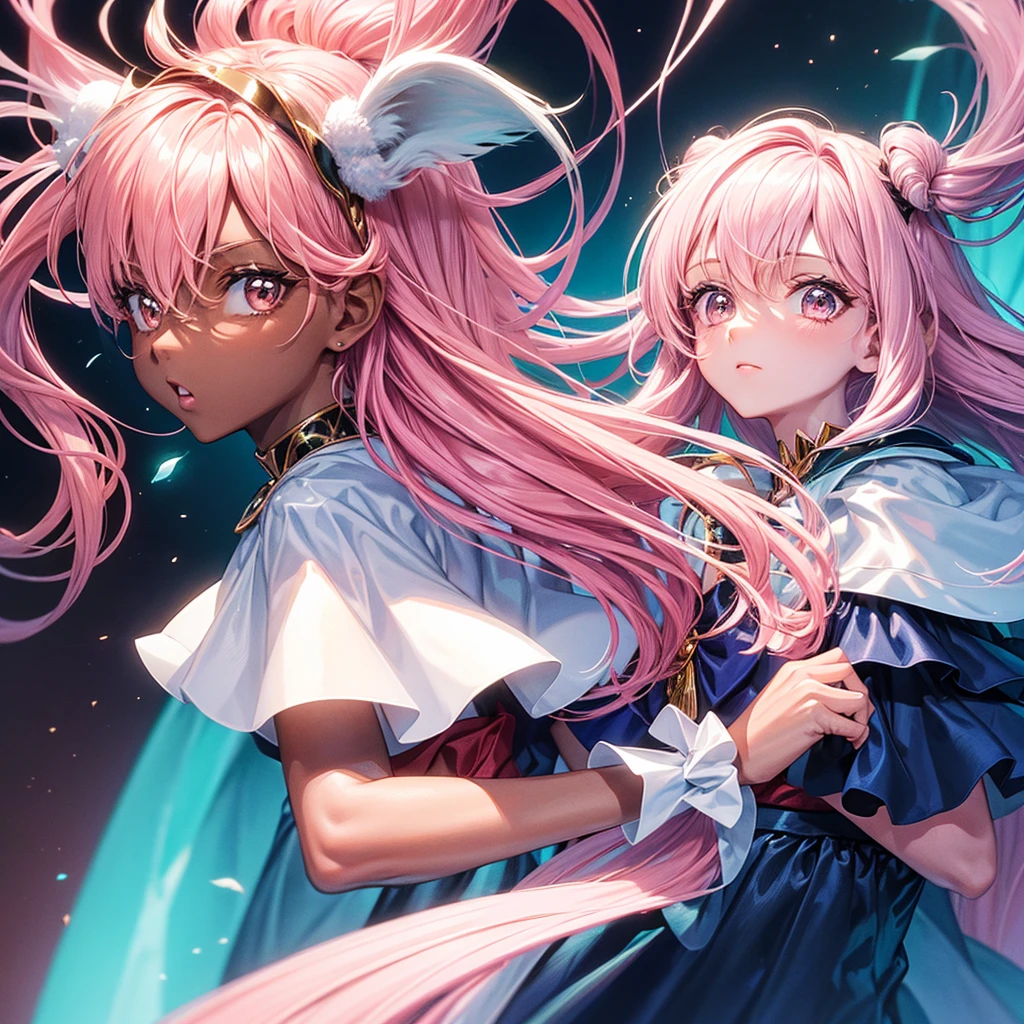 Magic girl, dark skin, fluffy pink hair