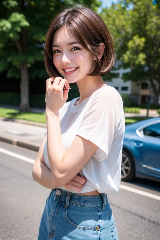 cute、One girl in her twenties、Hairstyle: brown bob、Light brown hair、smile、refreshing、Black shirt、Denim trousers、Sparkling、high resolution、Real、4K.8k.