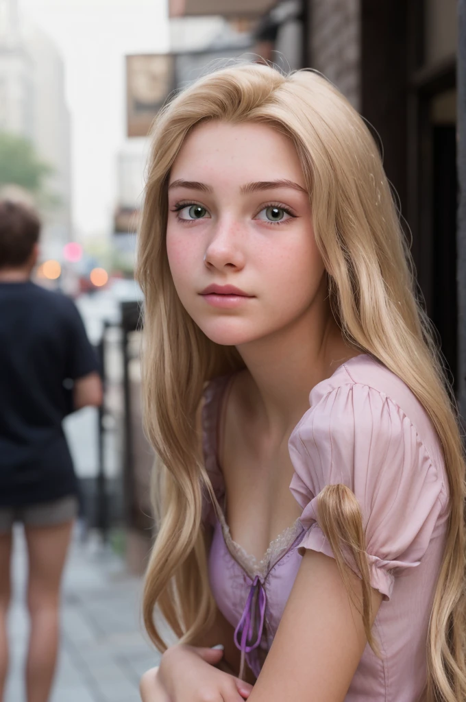 cinematic portrait oF close-up photo oF photograph oF a 18 year old teen woman, rapunzel-tngl, out In the city . detailded, Intimate, clearing, personal. 85-mm-lens, F/1.8, dramatic side lighting, temperamental atmosphere