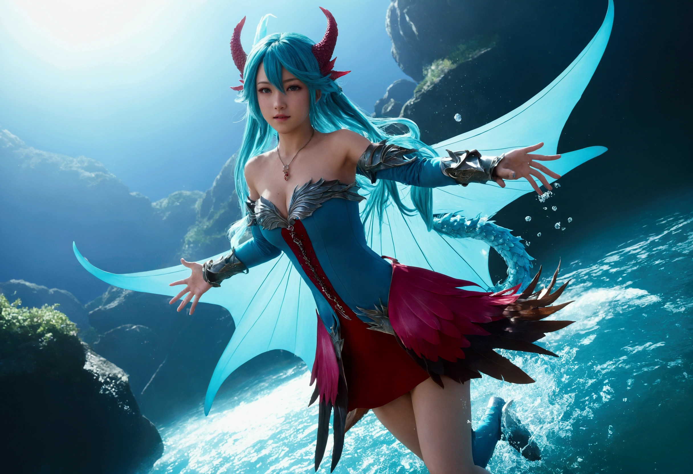 {{{masterpiece}}}, {{best quality,shiny,illustration, official off,shiny,lens flare,bloom efect, clothes reflecting light}}},1girl,monster,creatures,aqua princess,,{{aqua hair}},{{red streaked hair}},{{dragon wings,large wings}}, ruby necklace,{{aqua horns}},off shoulder,{{long,sleeves,aqua sleeves}},blue dress,dragon tail,water,flying,medium breasts,{{{{{dragon hands, dragon claws,large hands}}}}},long hair,{{{round wingsl}}},rpg , game cg, floating hair,granblue fantasy, , dynamic angle,pink light,cowboy shot,blue claws,{{{aqua hands,aqua arms}}},aqua body,jumping,{{{red wings,circle wings}}},armor