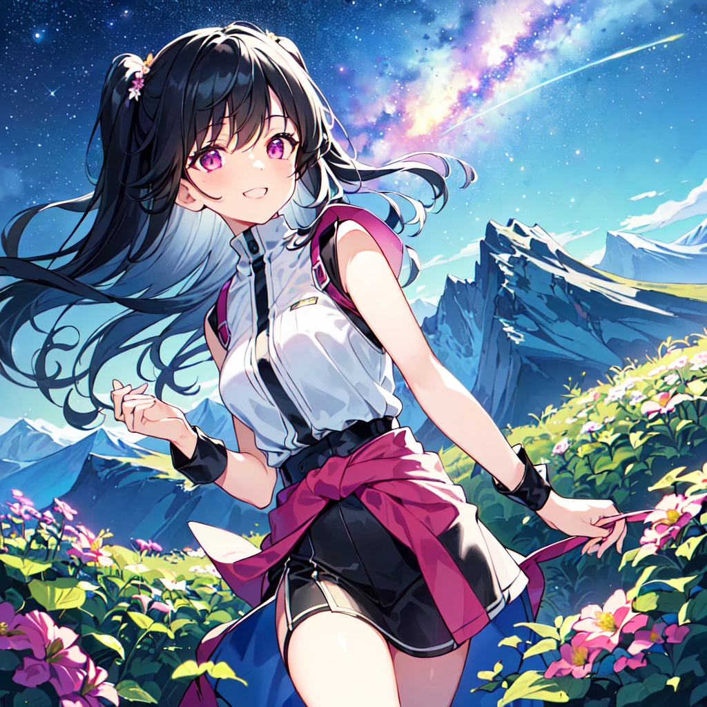 masterpiece, best quality, high quality, extremely detailed, very delicate and beautiful, (1 female 18 years old solo:1.5), (long black hair up to waist with two side up:1.5), bangs to eyebrows, eyes Eyes sharp and strong, glossy, eyebrows glossy, (eye color magenta:1.3), 6.5 head height, (summer mountaineering outfit:1.3), (smiling), (walking:1.3), (dynamic pose), (background summer mountain flowers forest:1.3) ,(Milky Way Night Sky:1.3)