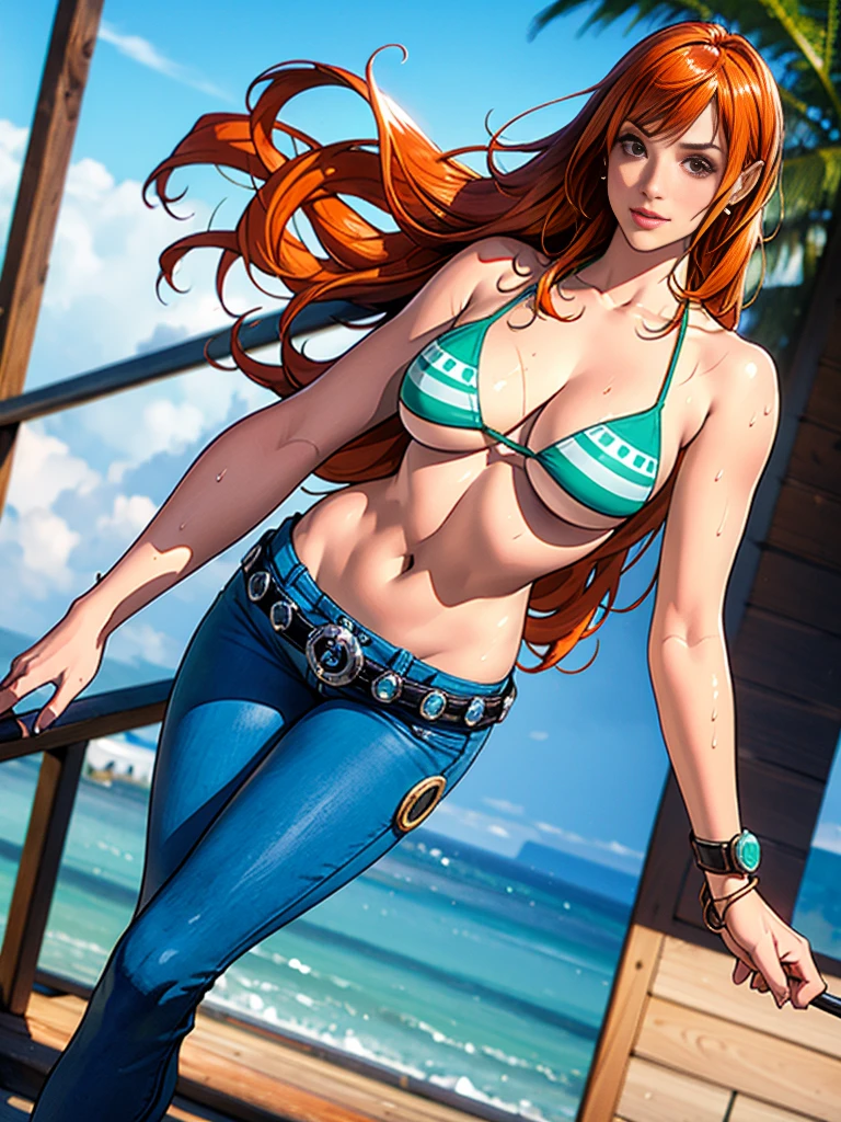 masterpiece, (Realistic:1.5), Highest quality, Beautiful lighting, Real Life, nami \(one piece\), (solo people only ), 2 or more people NG, , beautiful, perfect anatomy , , , Floating Hair, Long Orange Hair, Brown eyes, , Exposing shoulders, large chest, Cleavage, Slim waist, smile, , standing alone , Sweat-soaked skin, , green bikini top only, Bangles, bangs, Earrings, , bracelet,, between legs, jeans, green belt, jewelry, Log Pause, belly button, Wearing high heels, , , , , blue sky, cloud, , , , , , , Complex, Attention to detail, Sharp focus, dramatic, (RAW Photos, 8K Ultra HD, Film Grain), Caustics, Scattered beneath the surface, reflection
