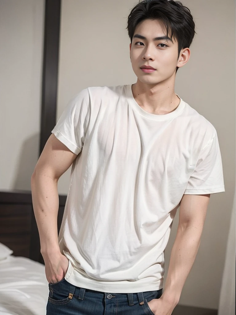 A young Asian man stands, handsome, detailed smirk, muscular, looking at the camera. Wearing tight T-shirt, In a hotel room