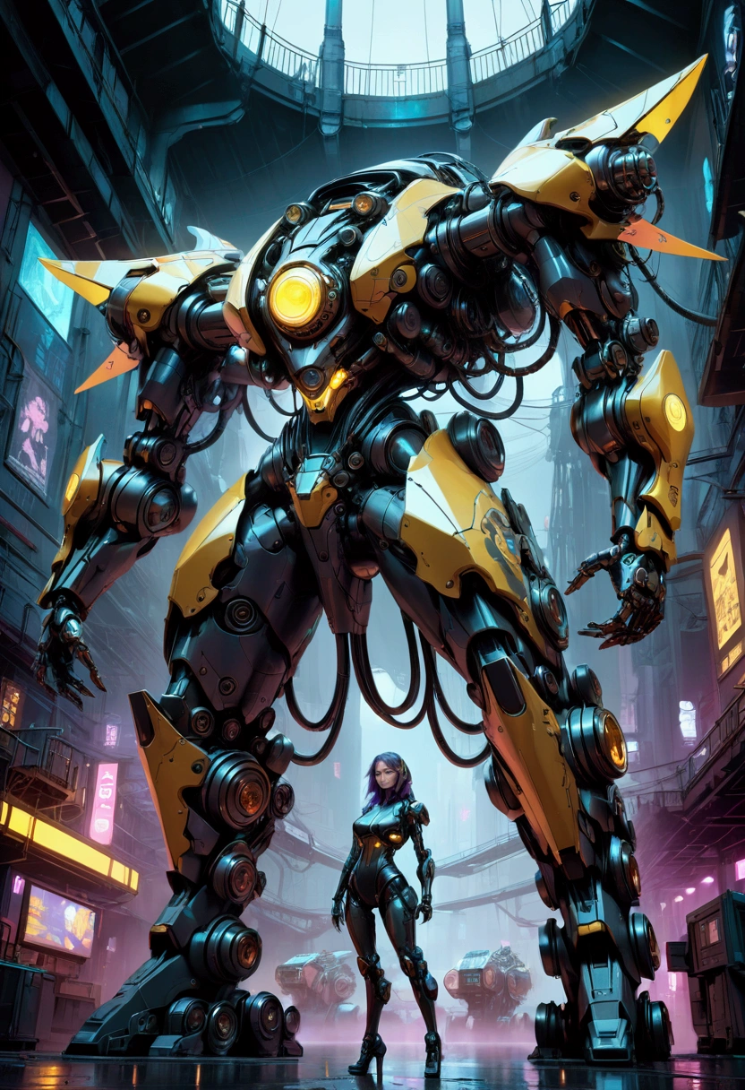 A massive mechanical creature, intricate gears and machinery, glowing neon-like lights, cyberpunk aesthetic, futuristic environment, intricate metallic textures, dynamic pose, cinematic lighting, (4k,8k,highres:1.2), ultra-detailed, machinery, steam punk, industrial, advanced technology, advanced robotics, complex design, dynamic movement, powerful presence, ominous atmosphere, masterpiece, best quality, very aesthetic, absurdres