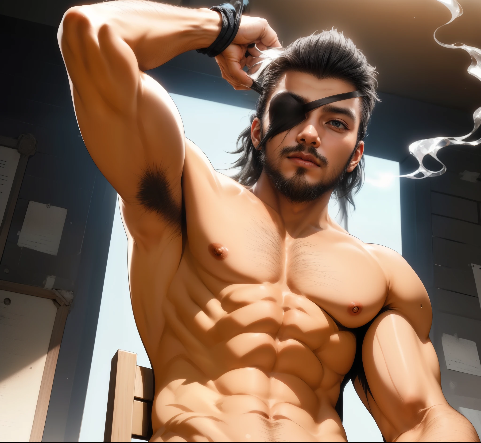 (maximum resolution: 1.2), (Ultra HDTV: 1.2), 8K resolution, Eye and skin detail, facial detail, Body detail, Limbs detail, (Sharp focus: 1.2), (Precise focus) sharp face: 1.2), Young man, 40 years old, long hair, black hair, gray hair, 1 eye disease