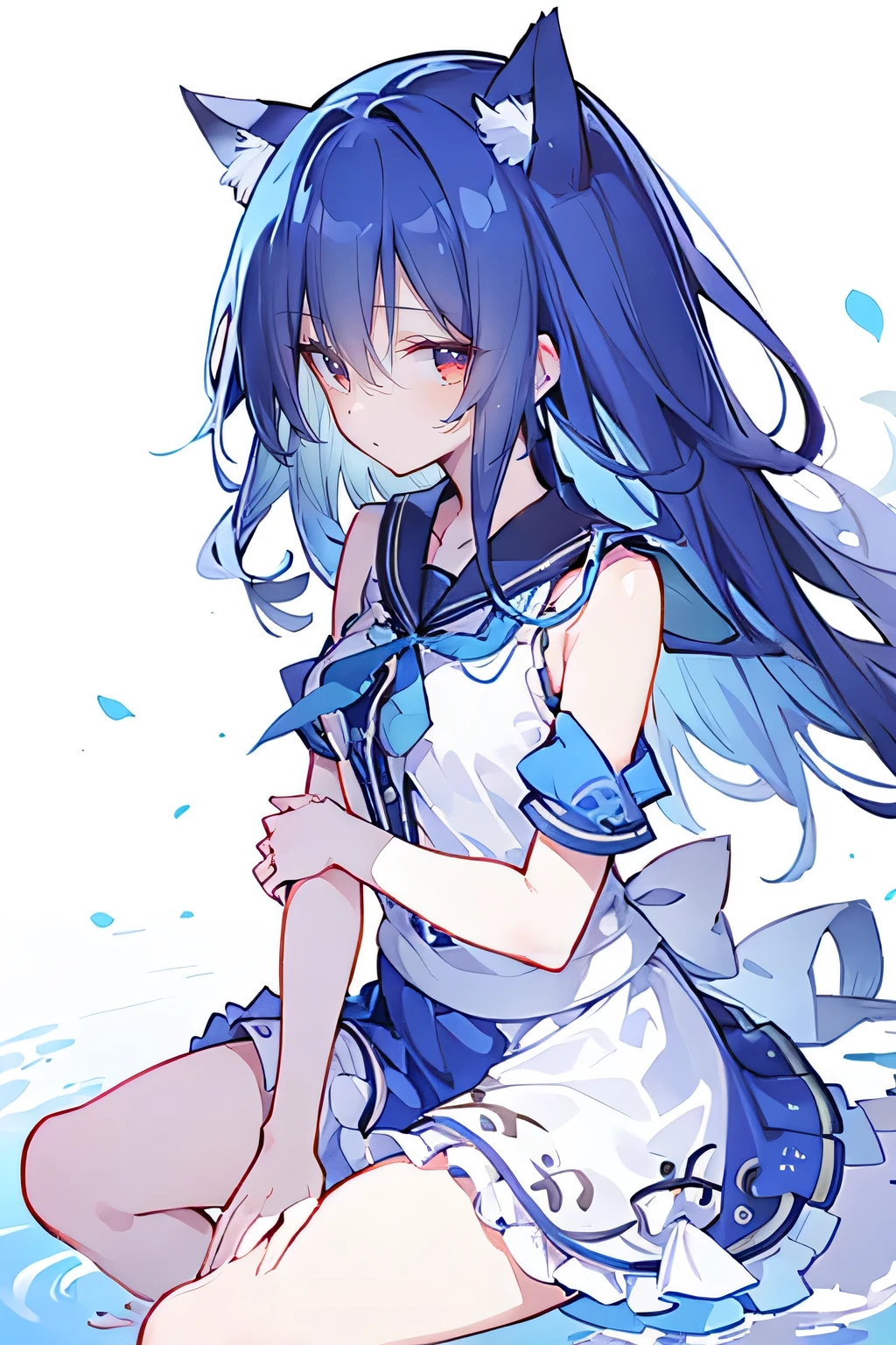 (masterpiece:1.2),ultra-detailed,realistic,expressive eyes,fair-skinned,perfectly shaped face,1girl,
Japanese cartoons,Gorgeous blue hair, flowing blue hair,floating clothes,cat ears,petals falling,beautiful Lola,Hina Angel,
hands on waist,gracefully sitting on the ground,legs crossed,gentle and serene,A faint smile,Black and white sailor school uniform,cropped shoulder,Super good figure,Colored hairpins,Put your hands on your chest