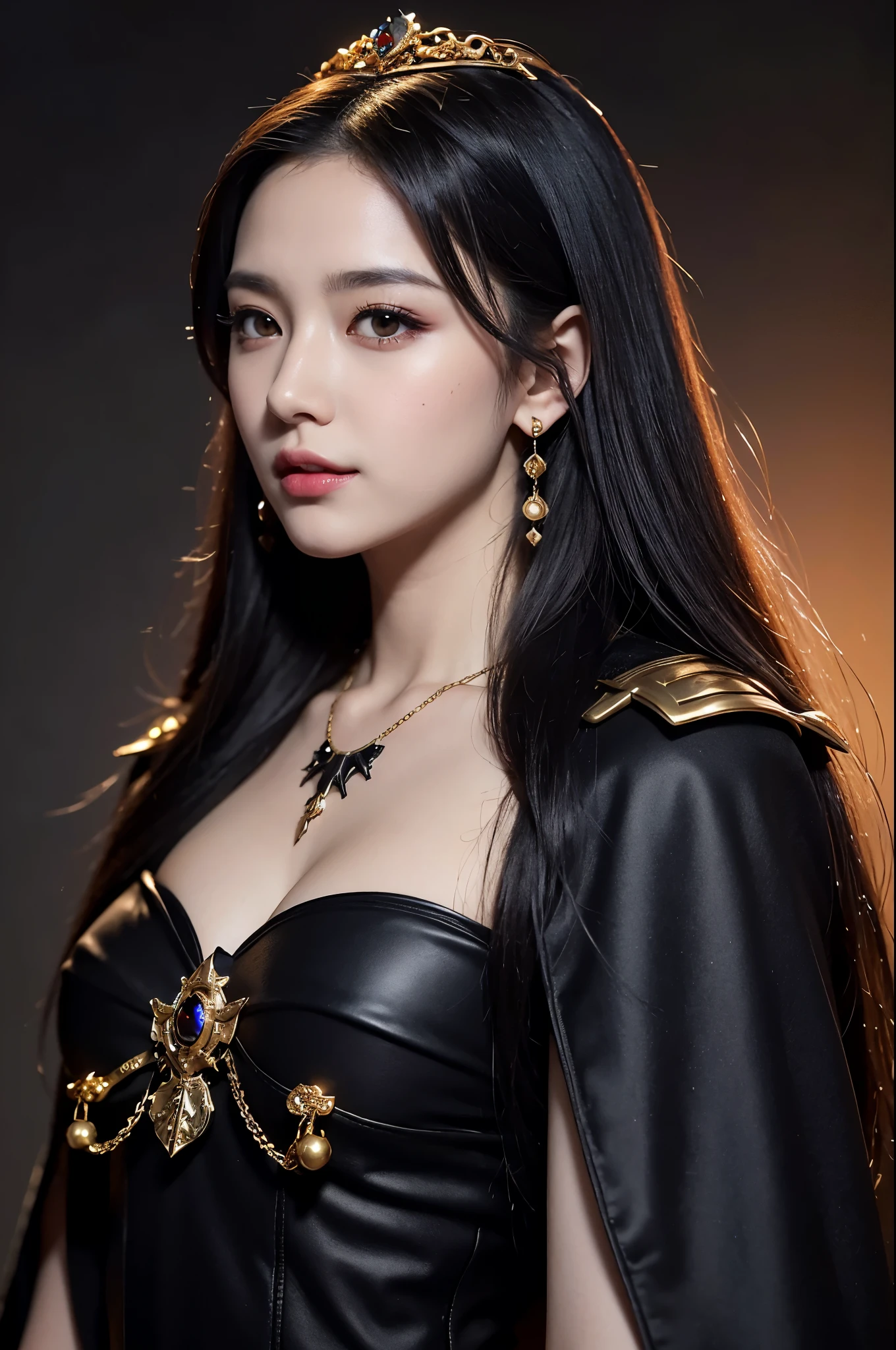8k,とてもSmall breasts,Long black hair,Close-up of a woman in a black evil god costume holding a one-handed sword, Beautiful fantasy empress, ((Beautiful fantasy empress)), Small breasts , Very detailed, Very detailed , Up to the model | Types of bacteria, Trending on cgstation, Pan Zhenwei Art Station, Gorgeous black cloak,Ultra-high resolution,Ultra-Realistic Skin,Beautiful expression,Fantasy art,Laughter(Like the real thing),非常にSmall breasts ,Straight hair,Golden Eyes,black gemstone earrings,black gemstone necklace,Luxurious black gauntlets,Black lipstick,Black eyeshadow,Evil God Makeup,Dynamic fighting pose,Rich colors, Backlight, Cinema Lighting, Film Grain, to be born, 50mm lens, Nikon D850,Compensate,View your audience,Toned, muscular lower body,Muscular Beauty,compensate,Big smile,Gorgeous black and gold long skirt,