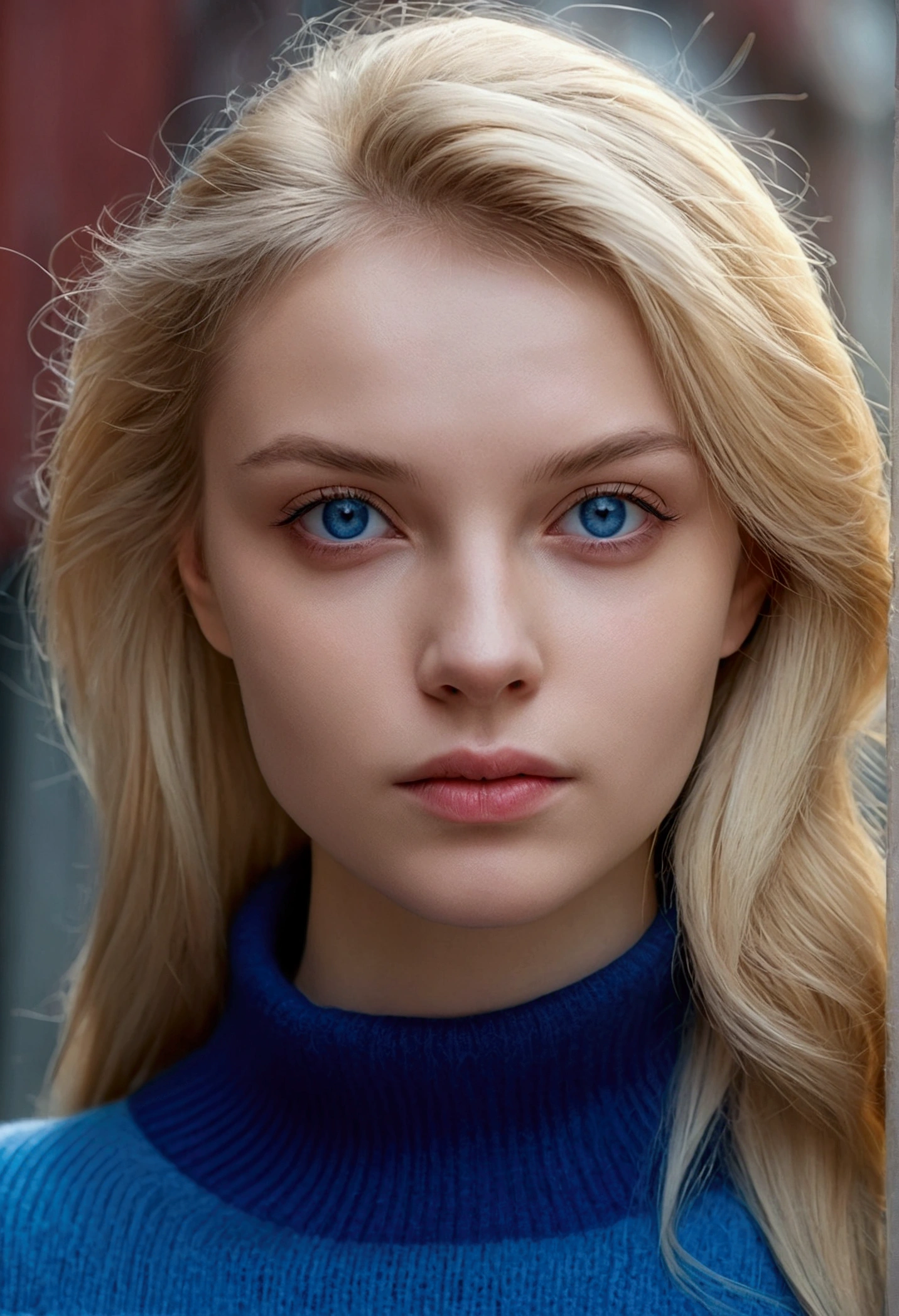 Extremely realistic blonde Russian girl with blonde hair and blue eyes, wearing a blue jumper, entire body, looking at the camera beautiful succubus, grey eyes, ((derevschikova)), beautiful alluring , perfect nose, ultra beautiful, with her long, perfect beautiful, realistic , epic beautiful, 8k, fuji xt3, not cropped, premium wide open city ”