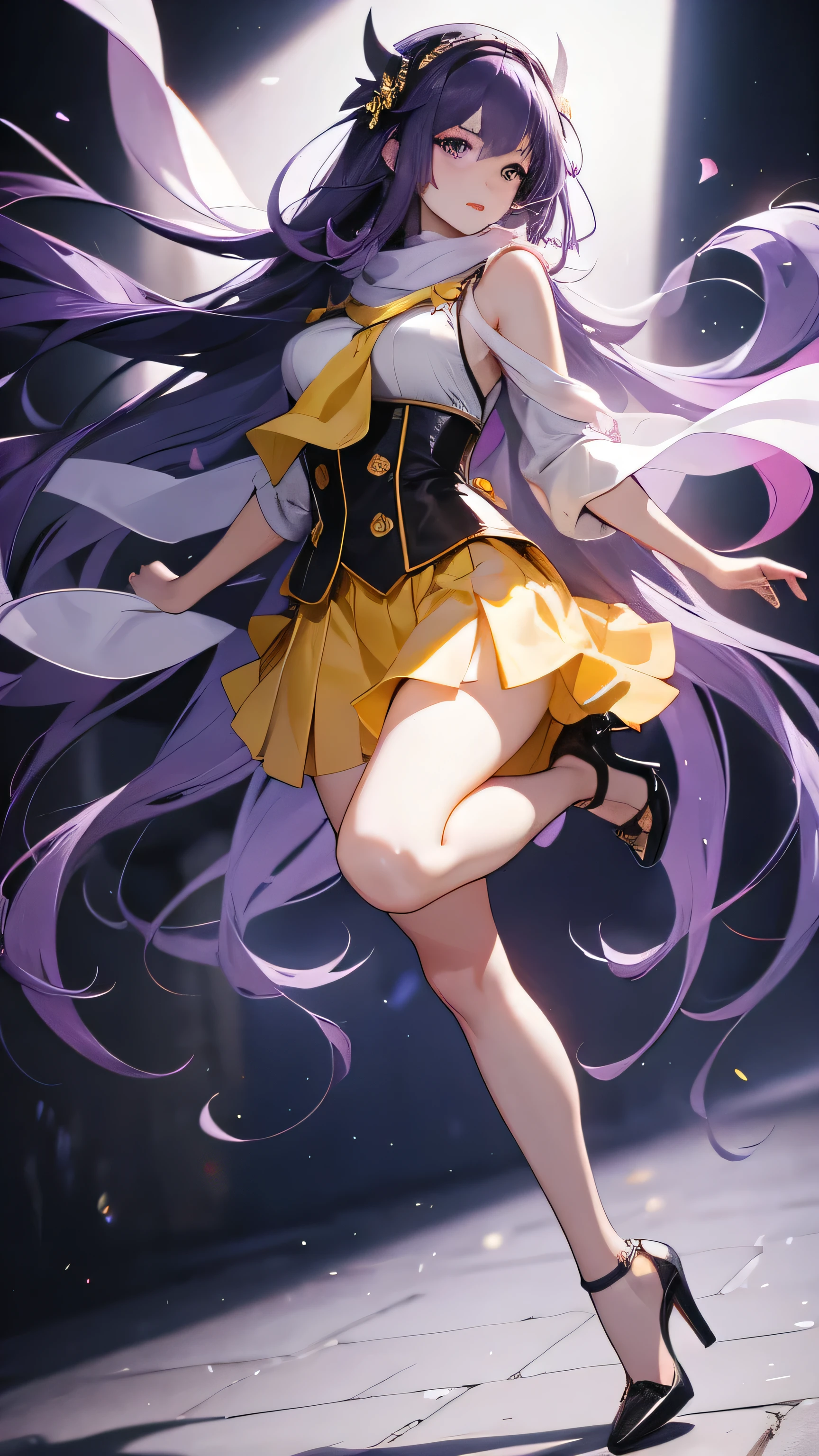 Purple long hair, yellow scarf, breast exposure, short skirt, high heel,