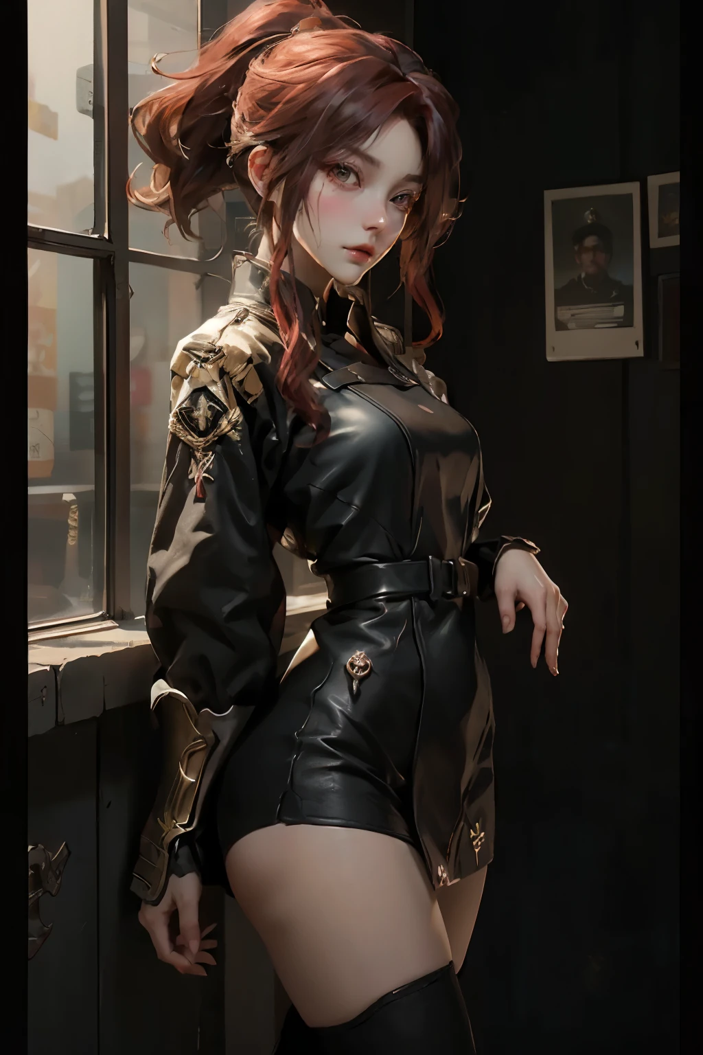 ((best quality)), ((Masterpiece)), (details:1.4), 3d, Image of a beautiful cyberpunk woman., HDR (high dynamic range), mature woman, เหมือนจริง, High ponytails, Red hair, Red eyes, future police, PBR surface, After processing, Anisotropic filtration,depth of field, Maximum clarity and clarity, multi-layered surface, perfect proportions, 8K raw files, cyberpunk, at night, ผมหลายชั้น, short skirt, natural lighting, soft lighting, sunlight, หน้าอกใหญ่, a woman wearing a black gothic style military uniform, black military hat with gold details, iron cross symbol on the military hat, armor